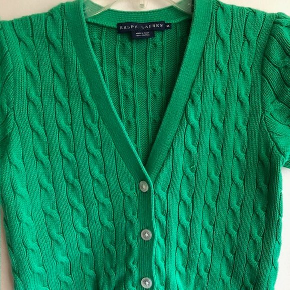 RALPH LAUREN Green Cable Short Sleeve Button Front V Neck Cotton Sweater… - Picture 7 of 17
